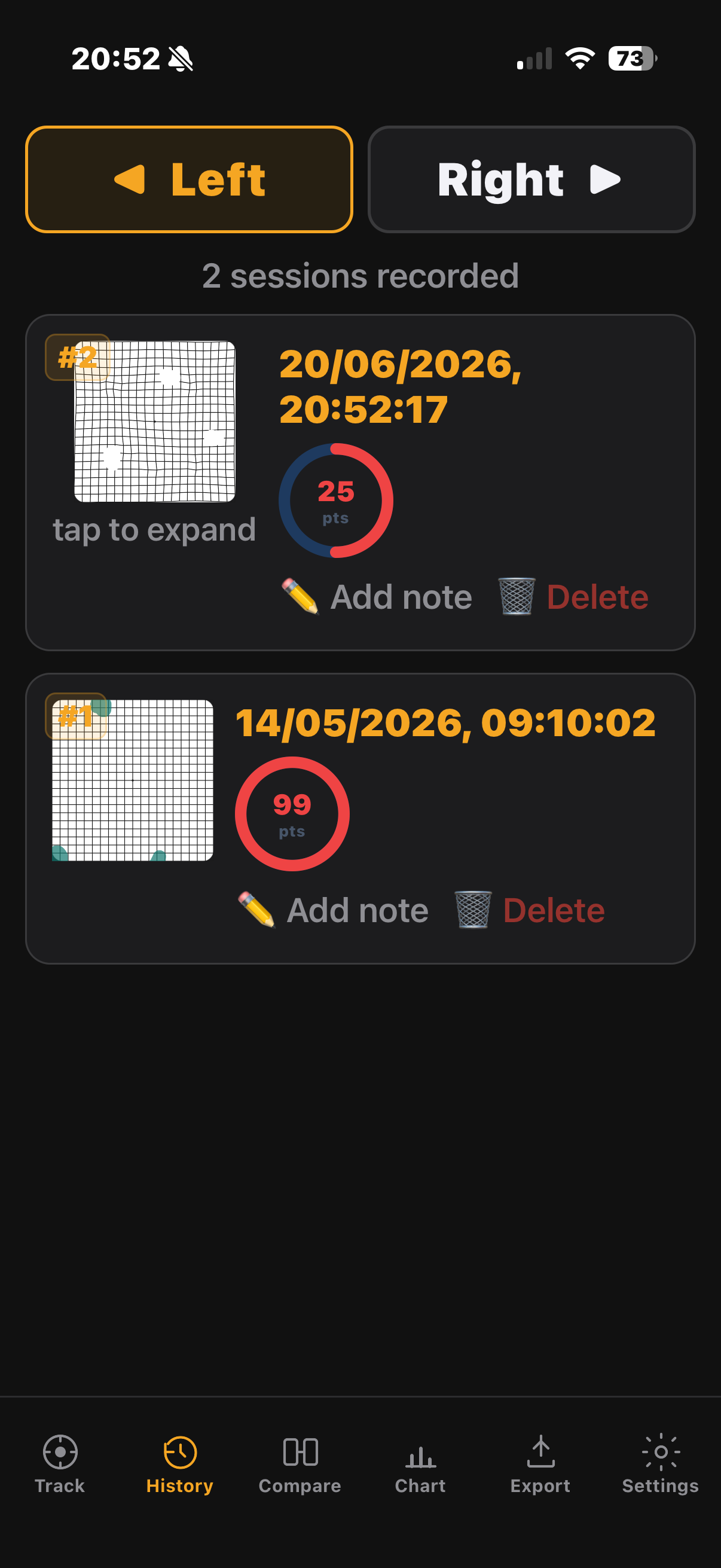 Fovcus history screen — list of past sessions with grid thumbnails and scores