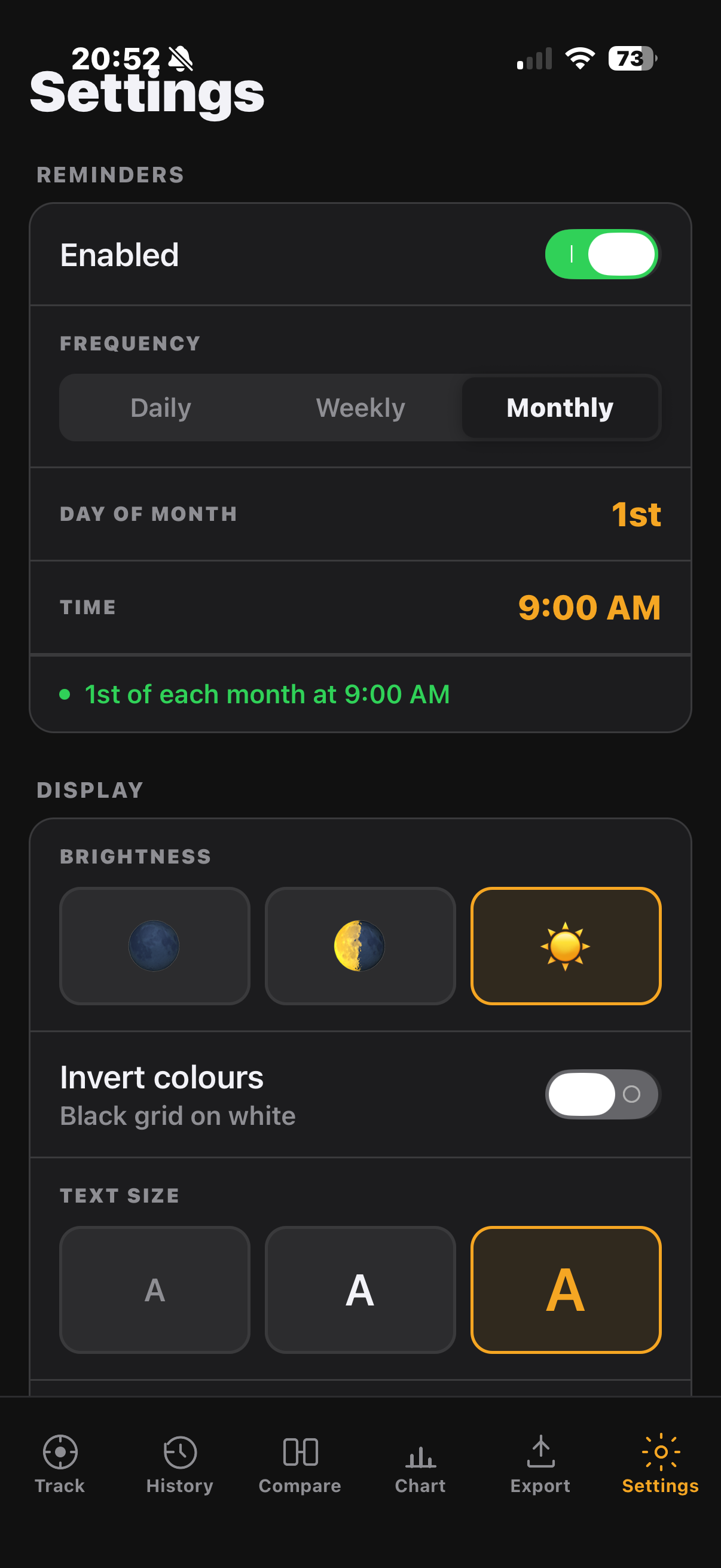Fovcus settings — reminders, brightness, colour inversion and text size