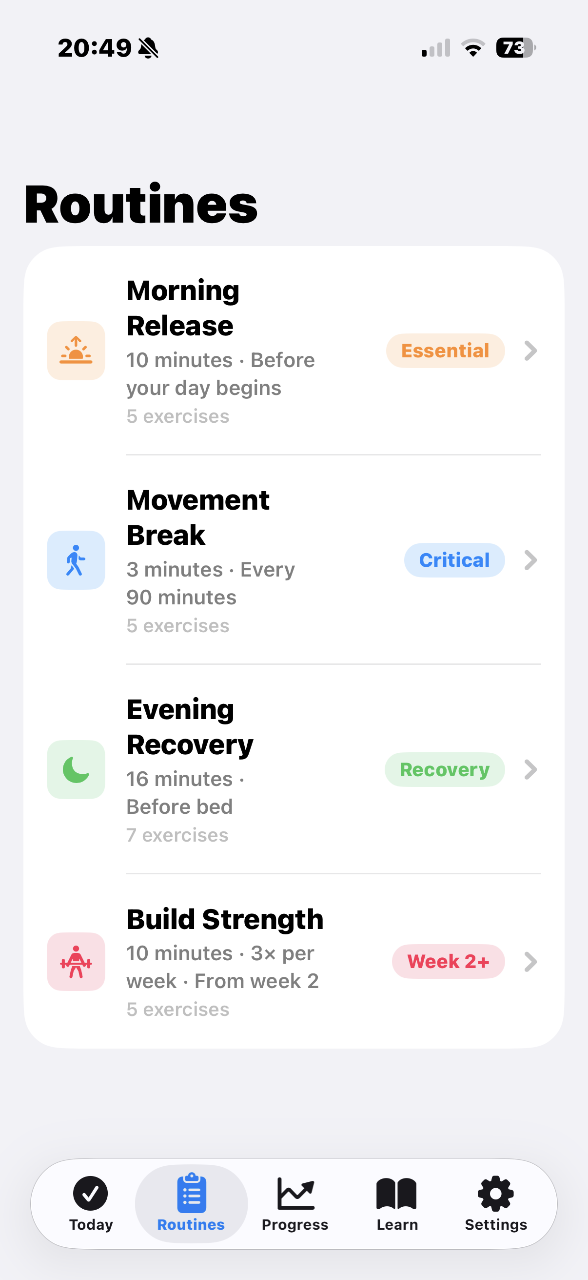Tensio — routines screen showing Morning Release, Movement Break, Evening Recovery