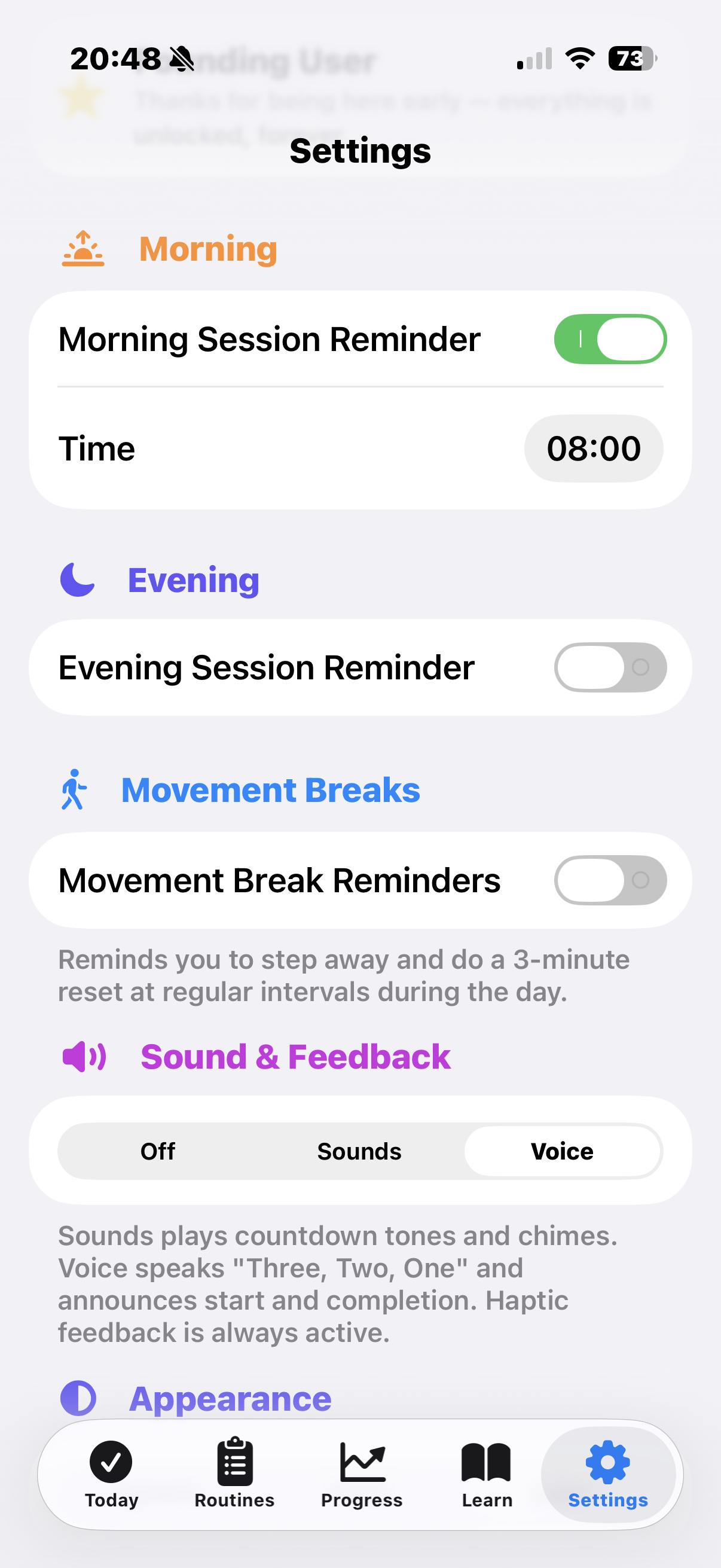 Tensio settings — morning and evening reminders, movement break toggle, voice and sound options