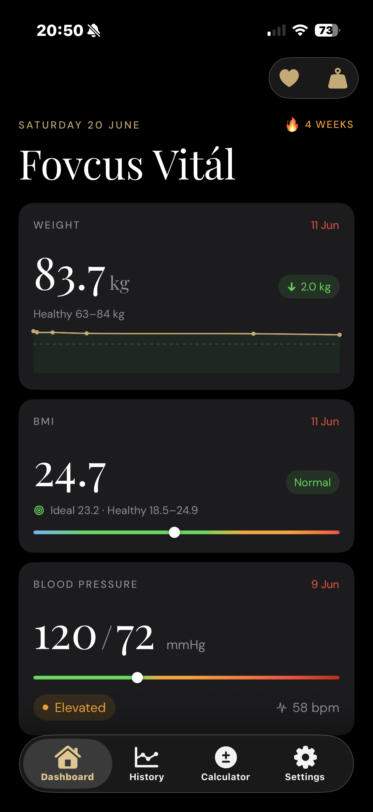 Fovcus Vitál — dashboard showing weight, BMI and blood pressure