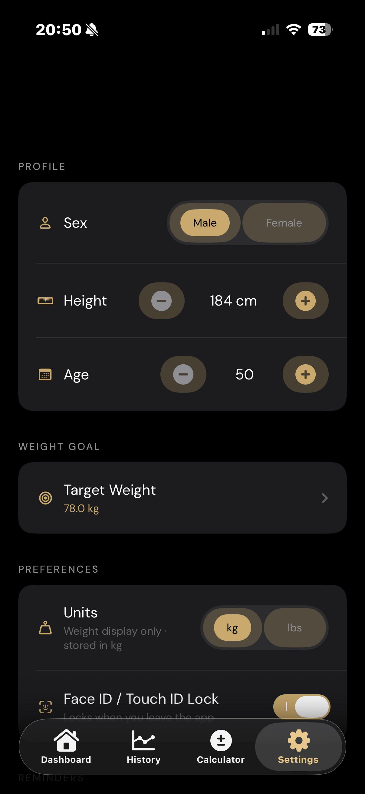 Fovcus Vitál settings — sex, height, age, weight goal, units and Face ID lock